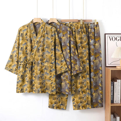 Vintage Kimono-Pyjama-Set aus Baumwolle mit Ginkgoblatt-Motiv - image 0