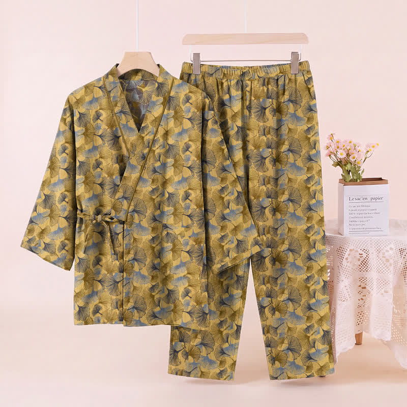 Vintage Kimono-Pyjama-Set aus Baumwolle mit Ginkgoblatt-Motiv - image 3