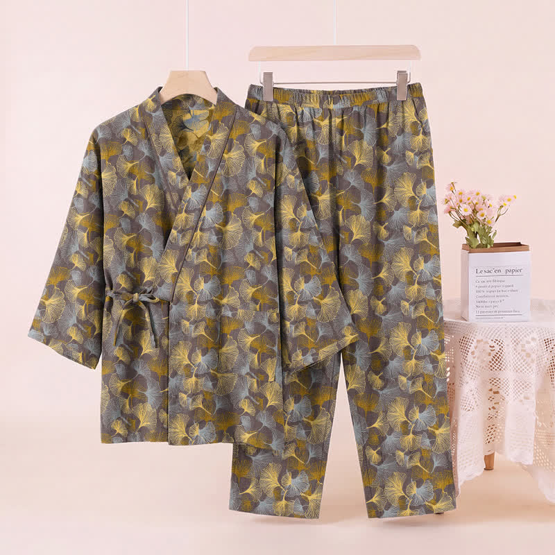 Vintage Kimono-Pyjama-Set aus Baumwolle mit Ginkgoblatt-Motiv - image 9