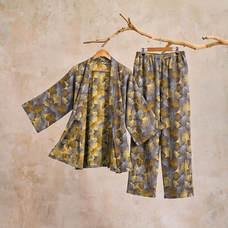 Vintage Kimono-Pyjama-Set aus Baumwolle mit Ginkgoblatt-Motiv - image 10
