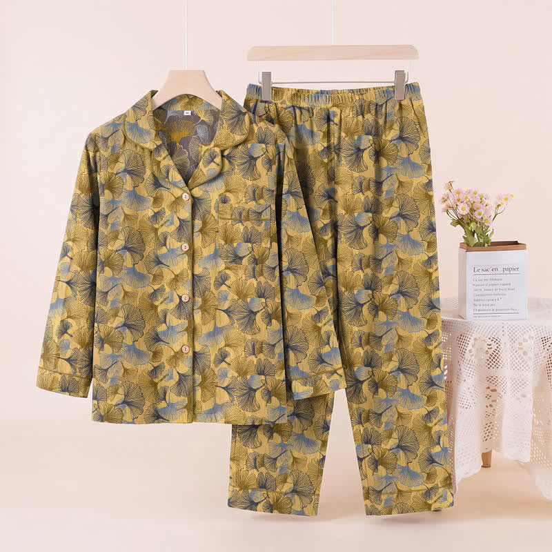 Pyjama-Set mit Ginkgoblatt-Kragen - Gelb - XL - image 0