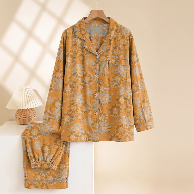 Retro-Sonnenblumen-Baumwoll-Loungewear-Pyjama-Set - image 1