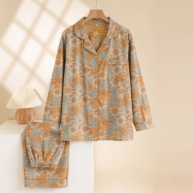 Retro-Sonnenblumen-Baumwoll-Loungewear-Pyjama-Set - image 8