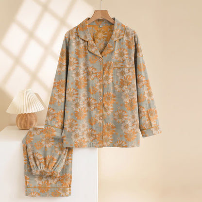 Retro-Sonnenblumen-Baumwoll-Loungewear-Pyjama-Set - image 8