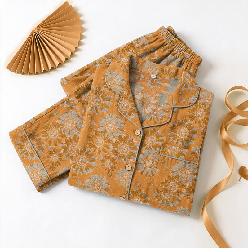Retro-Sonnenblumen-Baumwoll-Loungewear-Pyjama-Set - image 6