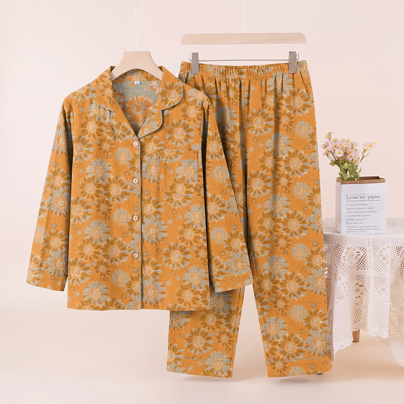 Retro-Sonnenblumen-Baumwoll-Loungewear-Pyjama-Set - Orange - XL - image 0