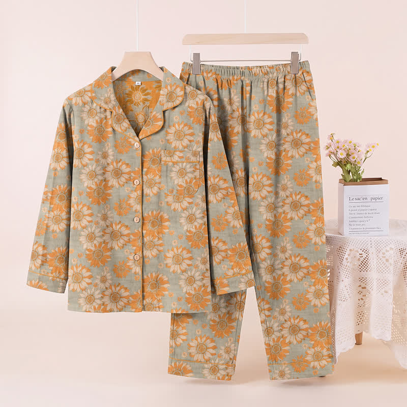 Retro-Sonnenblumen-Baumwoll-Loungewear-Pyjama-Set - Hellgrau - XL - image 7