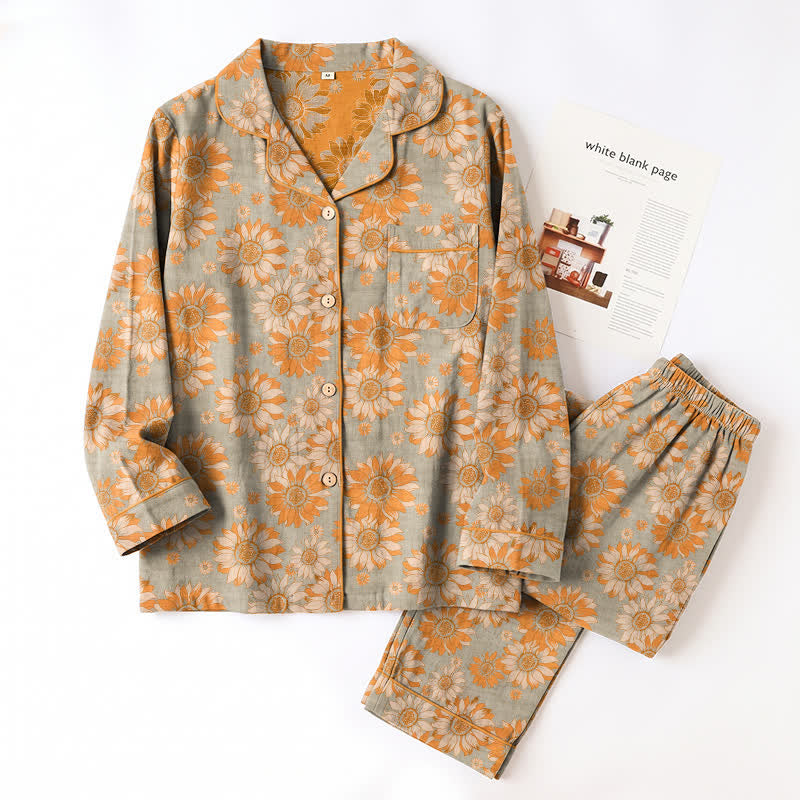 Retro-Sonnenblumen-Baumwoll-Loungewear-Pyjama-Set - image 12