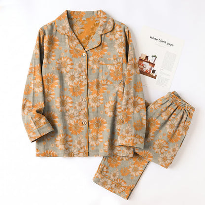 Retro-Sonnenblumen-Baumwoll-Loungewear-Pyjama-Set - image 12