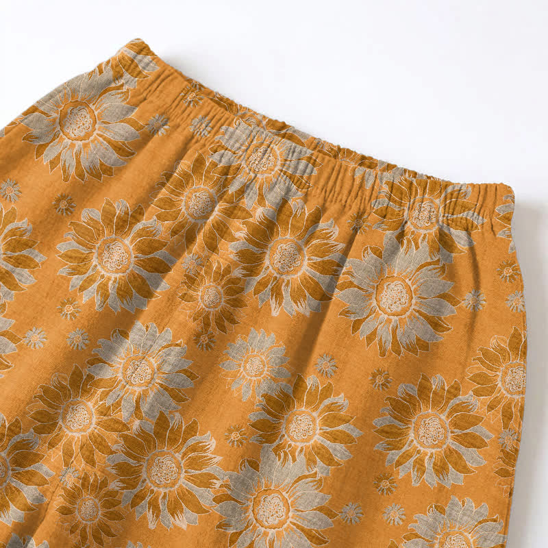 Retro-Sonnenblumen-Baumwoll-Loungewear-Pyjama-Set - image 4