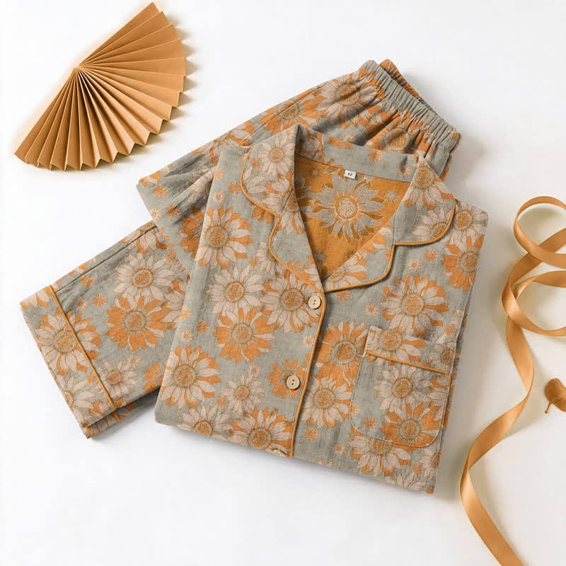 Retro-Sonnenblumen-Baumwoll-Loungewear-Pyjama-Set - image 13