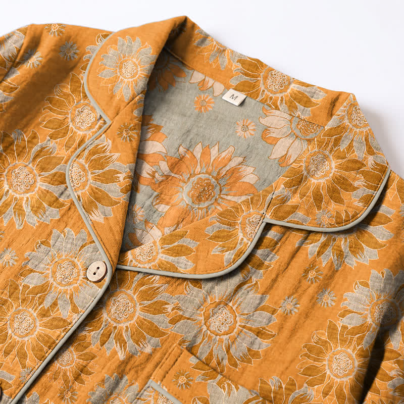 Retro-Sonnenblumen-Baumwoll-Loungewear-Pyjama-Set - image 2