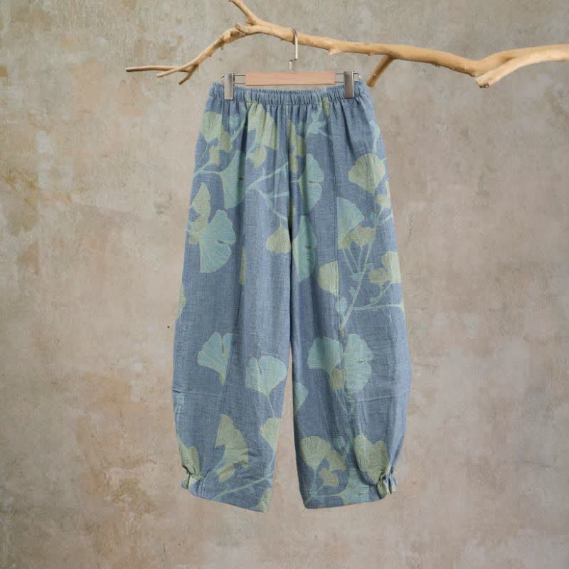 Retro-Loungewear-Hose aus Baumwolle mit botanischem Ginkgoblatt-Motiv - image 1
