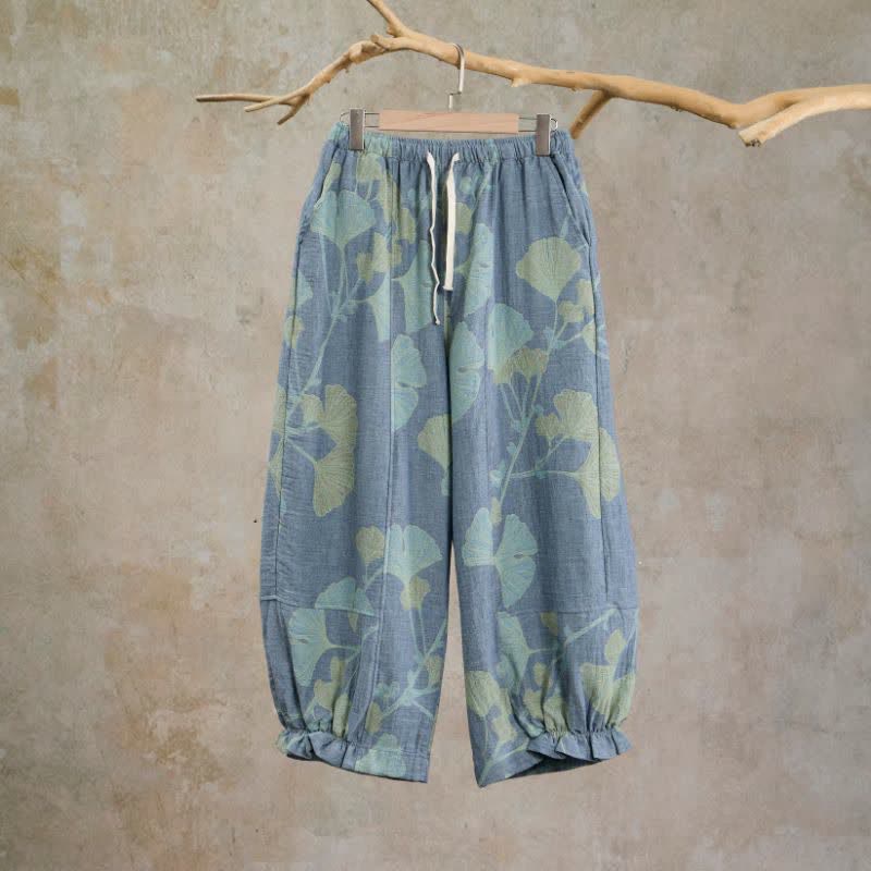 Retro-Loungewear-Hose aus Baumwolle mit botanischem Ginkgoblatt-Motiv - Blau - XL - image 0
