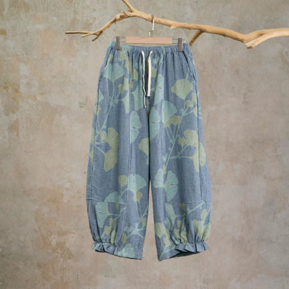 Retro-Loungewear-Hose aus Baumwolle mit botanischem Ginkgoblatt-Motiv - Blau - XL - image 0