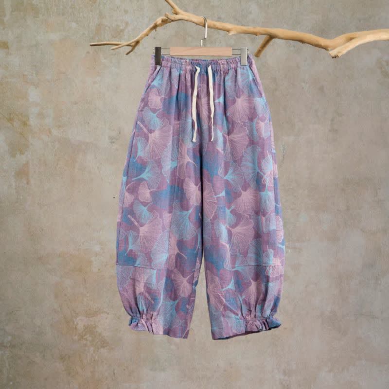 Vintage-Loungewear-Hose aus Baumwolle mit Ginkgoblatt-Motiv - Lila - XL - image 5