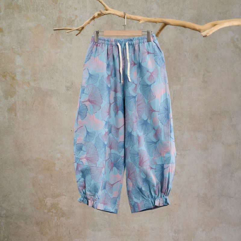 Vintage-Loungewear-Hose aus Baumwolle mit Ginkgoblatt-Motiv - Blau - XL - image 0