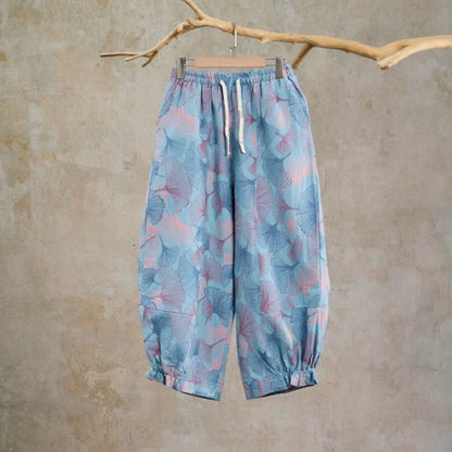 Vintage-Loungewear-Hose aus Baumwolle mit Ginkgoblatt-Motiv - Blau - XL - image 0