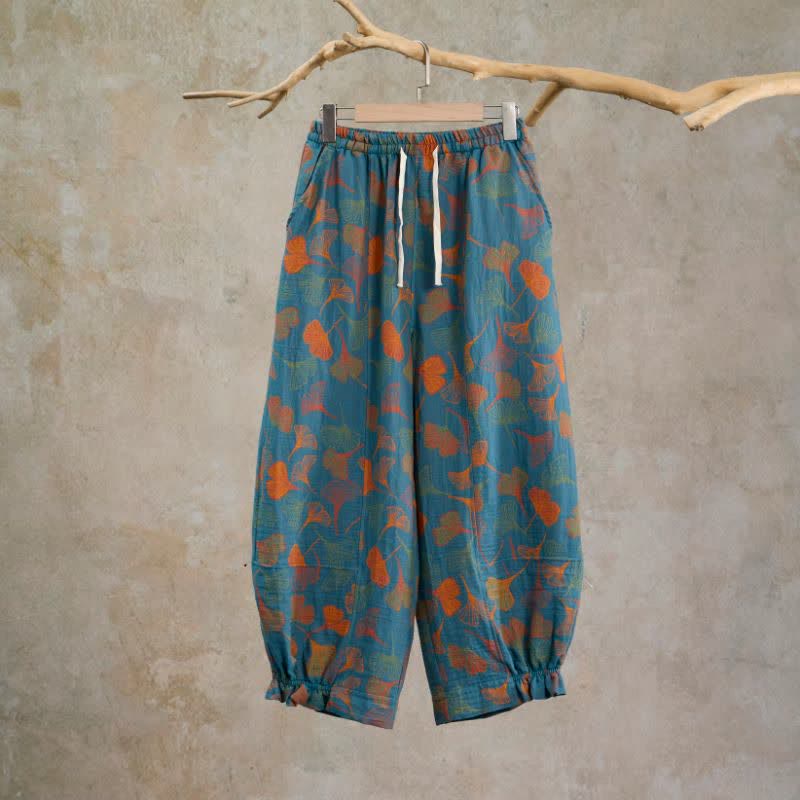 Mehrfarbige Loungehose aus Baumwolle mit Ginkgoblattmuster - Blau - XL - image 0