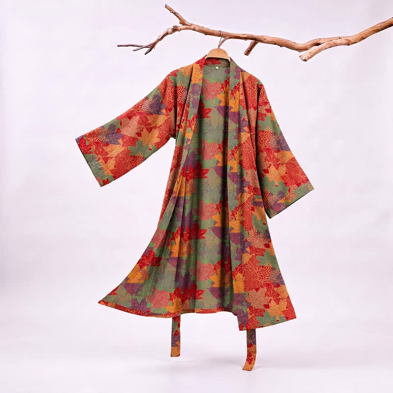 Kimono-Bademantel aus Baumwolle mit Ahornblattmuster für den Herbst - Rot & Grün - XXL - image 0
