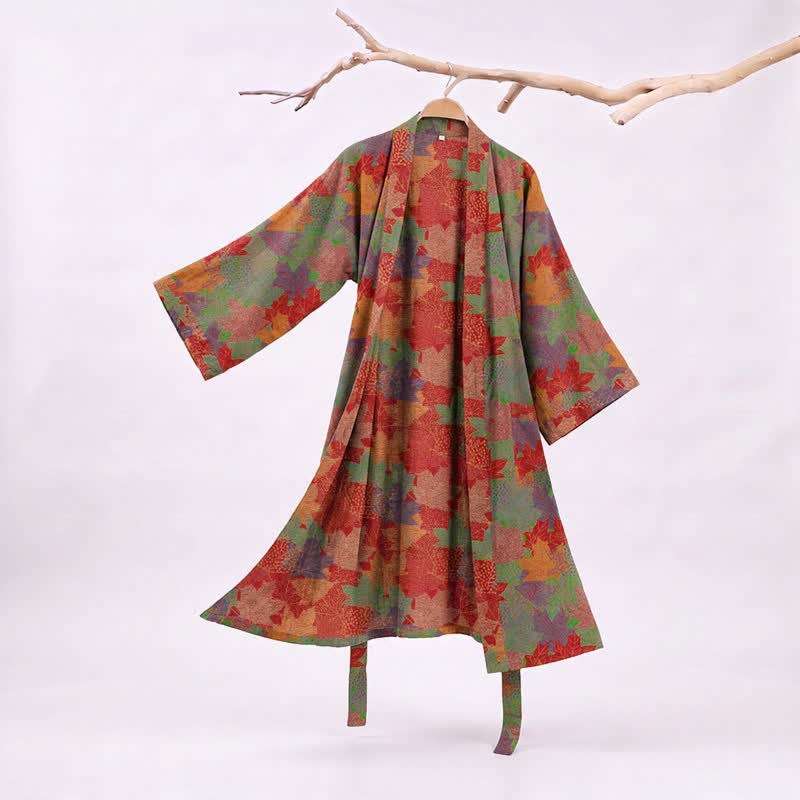 Kimono-Bademantel aus Baumwolle mit Ahornblattmuster für den Herbst - Grün & Rot - XXL - image 5