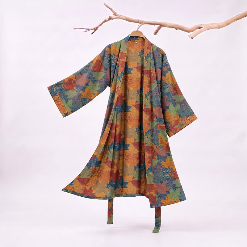 Kimono-Bademantel aus Baumwolle mit Ahornblattmuster für den Herbst - Blau & Orange - XXL - image 29