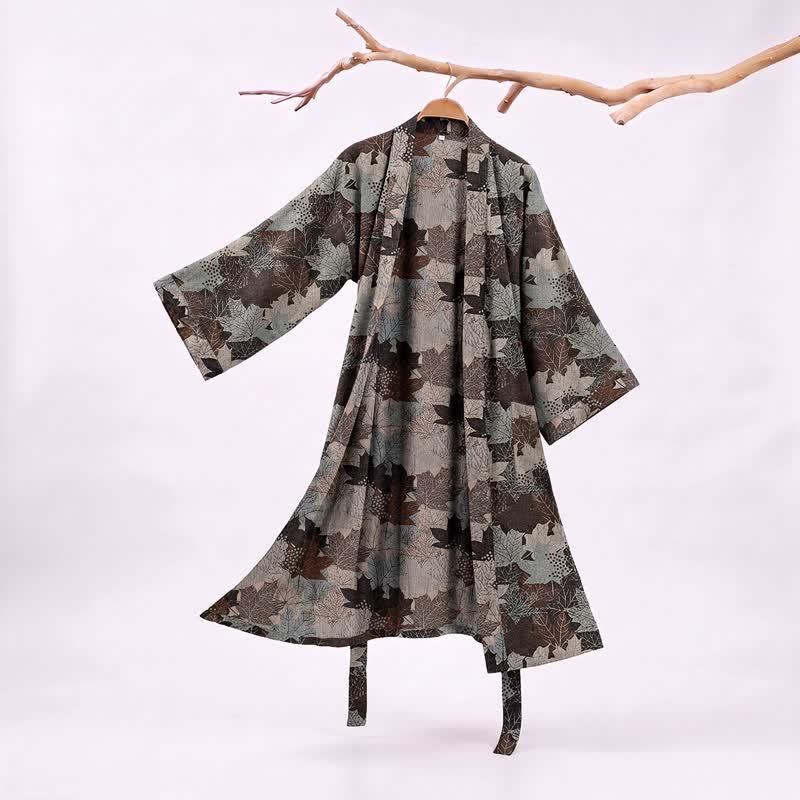Kimono-Bademantel aus Baumwolle mit Ahornblattmuster für den Herbst - Braun & Grau - XXL - image 35