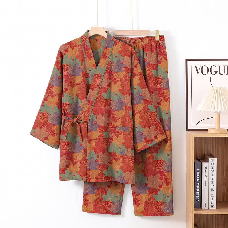 Kimono-Pyjama-Set aus Baumwolle mit Ahornblattmuster - Rot & Grün - XL - image 0