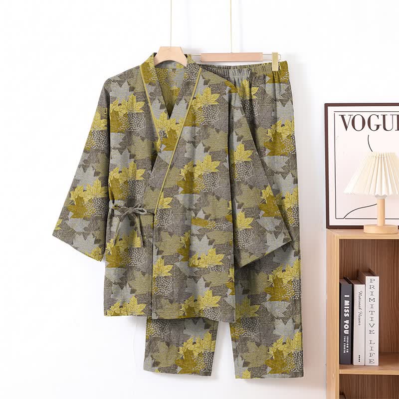 Kimono-Pyjama-Set aus Baumwolle mit Ahornblattmuster - Grau & Gelb - XL - image 23