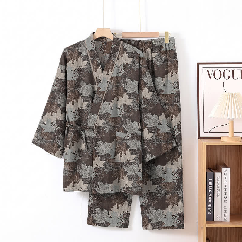 Kimono-Pyjama-Set aus Baumwolle mit Ahornblattmuster - Braun & Grau - XL - image 47
