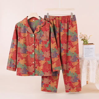 Loungewear-Set aus Baumwolle mit Ahornblattmuster für den Herbst - Rot & Grün - XL - image 0