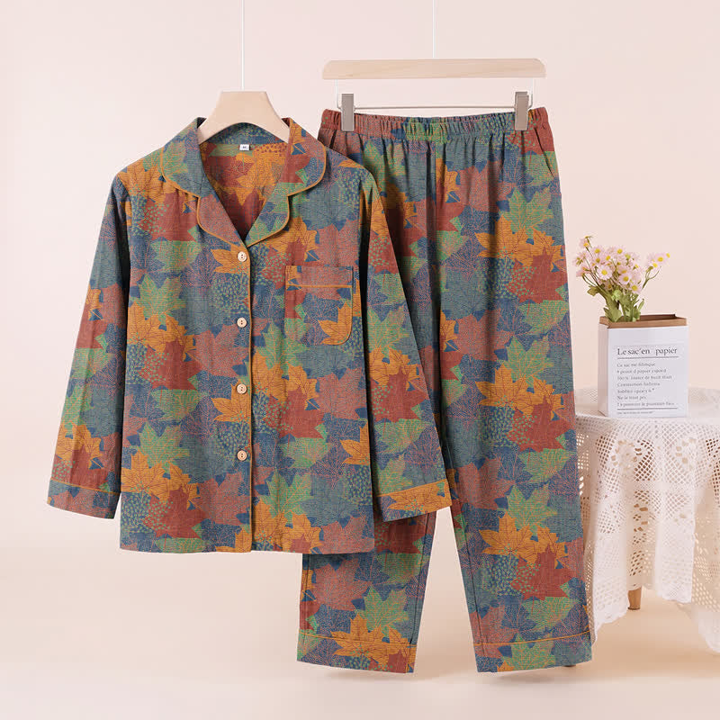 Loungewear-Set aus Baumwolle mit Ahornblattmuster für den Herbst - Blau & Orange - XL - image 30