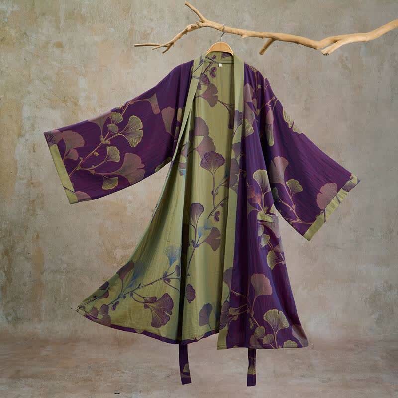 Retro-Kimono aus Baumwolle mit Ginkgoblatt - Lila & Grasgrün - XL - image 0