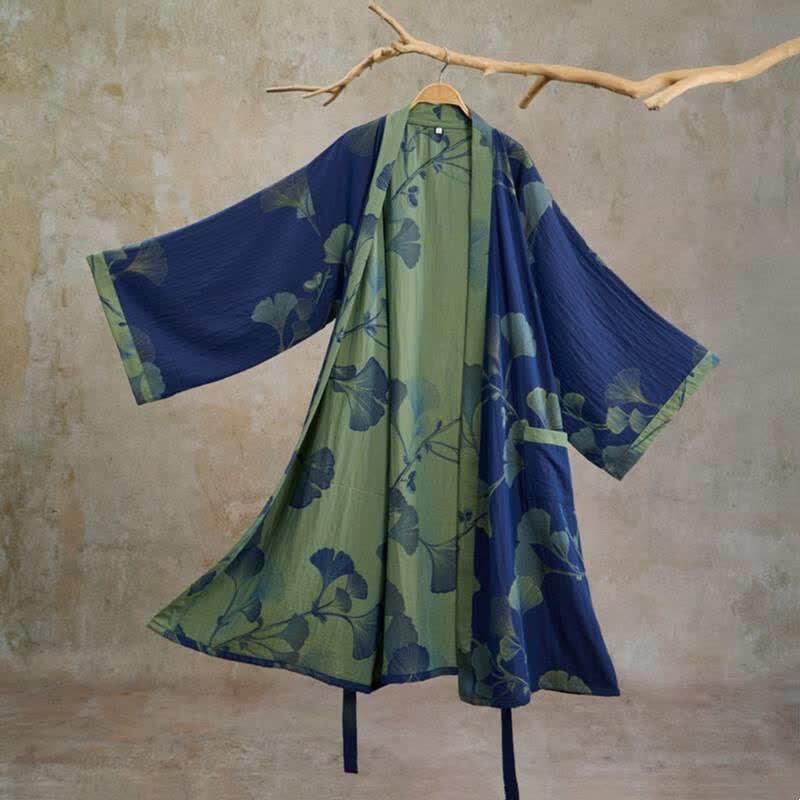 Retro-Kimono aus Baumwolle mit Ginkgoblatt - Tiefblau und Grasgrün - XL - image 8
