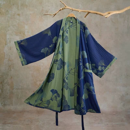 Retro-Kimono aus Baumwolle mit Ginkgoblatt - Tiefblau und Grasgrün - XL - image 8