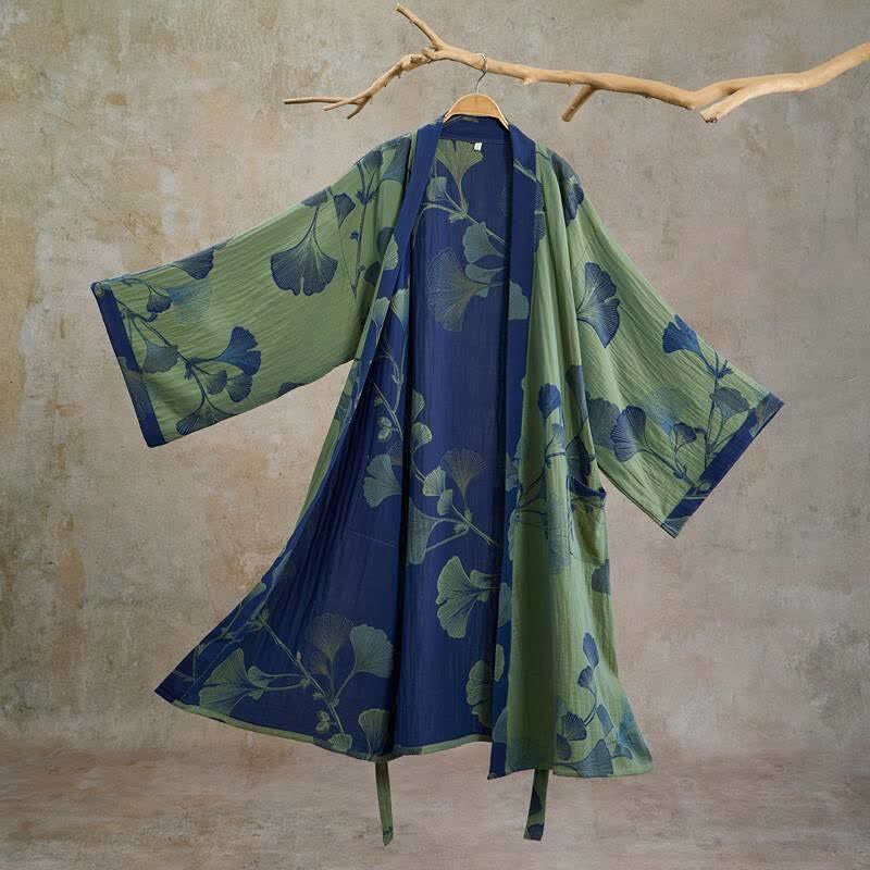 Retro-Kimono aus Baumwolle mit Ginkgoblatt - Glasgrün & Tiefblau - XL - image 15