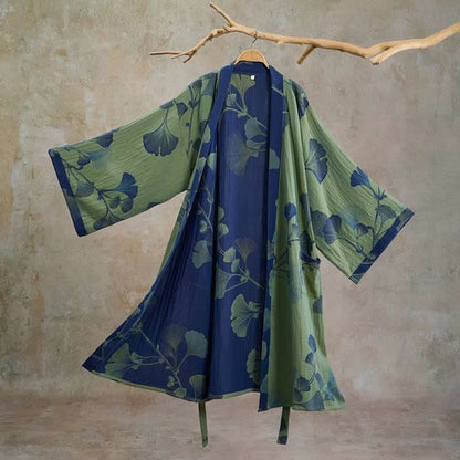 Retro-Kimono aus Baumwolle mit Ginkgoblatt - Glasgrün & Tiefblau - XL - image 15