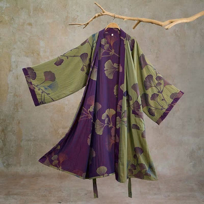 Retro-Kimono aus Baumwolle mit Ginkgoblatt - Grasgrün & Lila - XL - image 23
