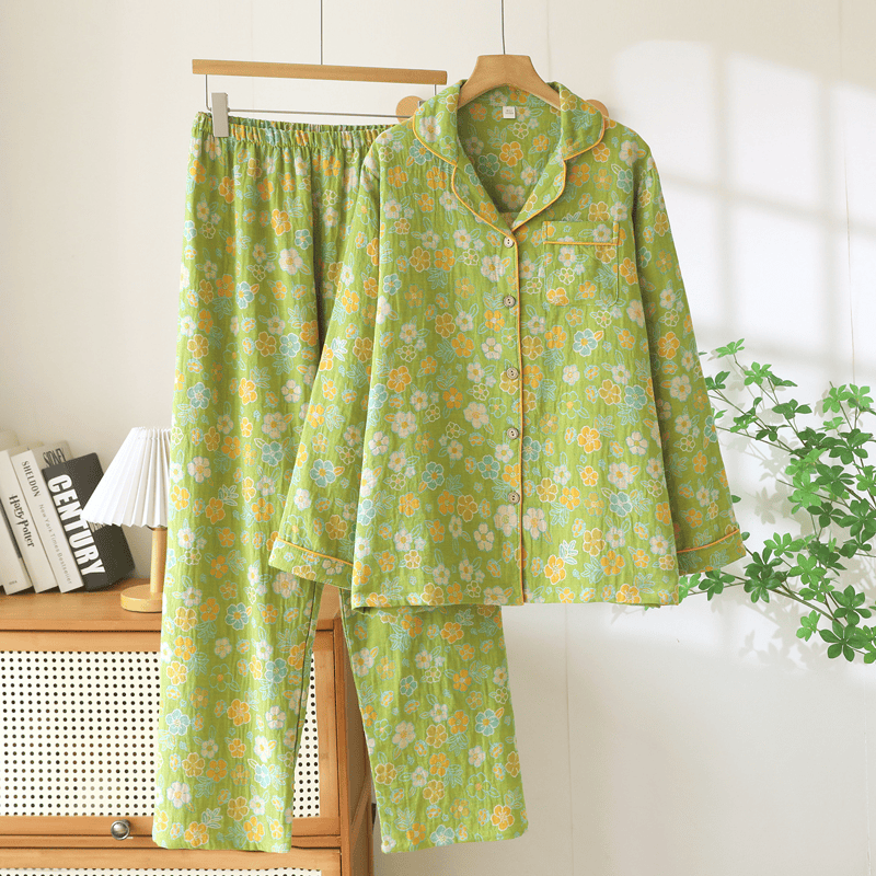 Grüner Baumwollpyjama mit zartem Blumenmuster - Grün - XXL - image 0