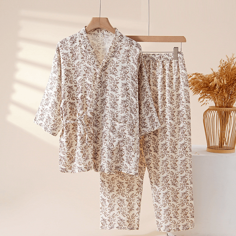 Braunes Loungewear-Set aus Baumwolle mit zartem Blumenmuster - Braun - XL - image 0