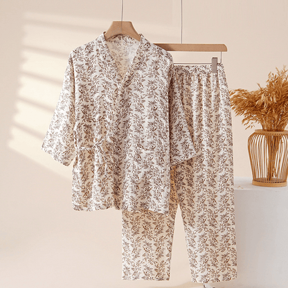 Braunes Loungewear-Set aus Baumwolle mit zartem Blumenmuster - Braun - XL - image 0