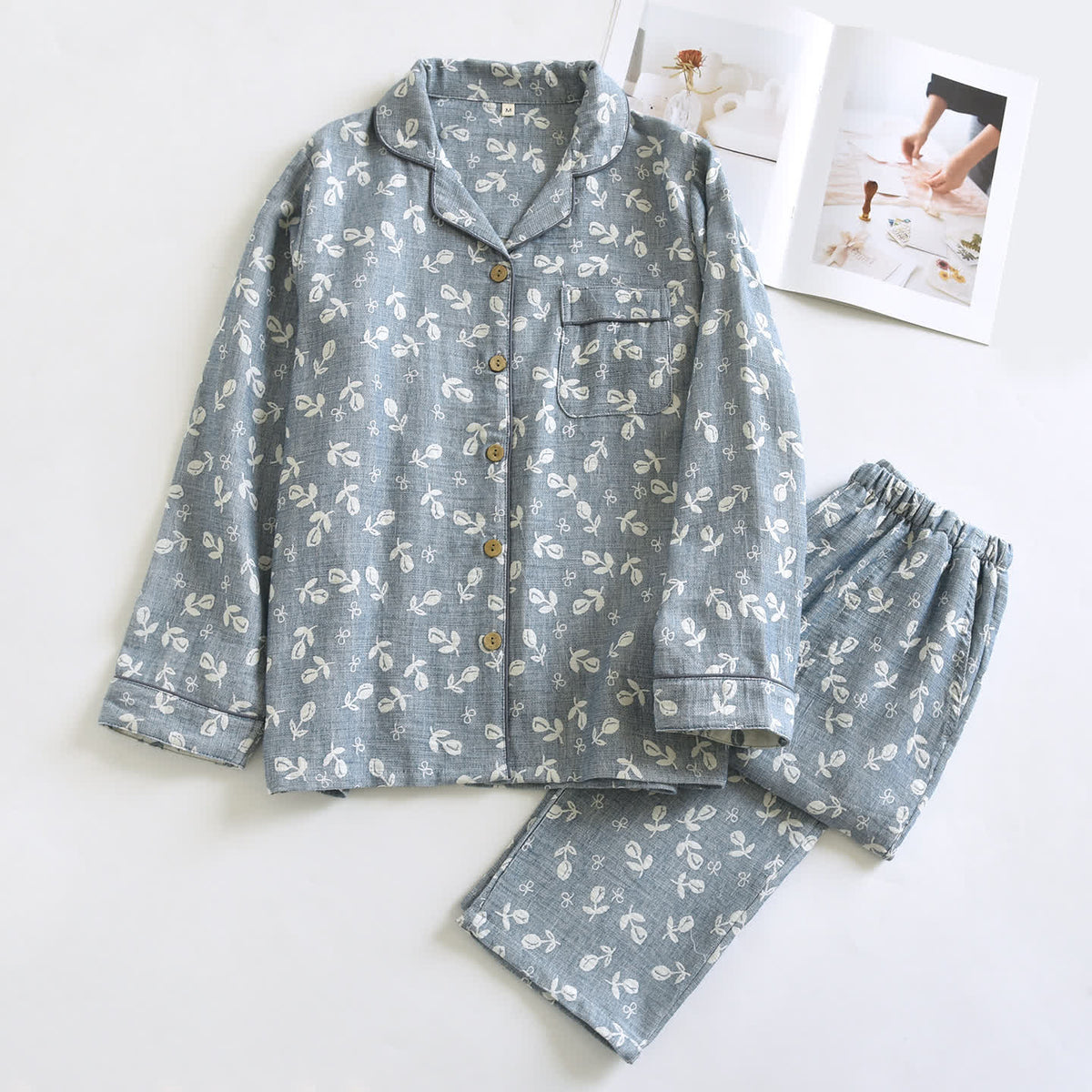 Pyjama-Set aus Baumwollgaze mit Blättermuster - Grau - XL - image 0
