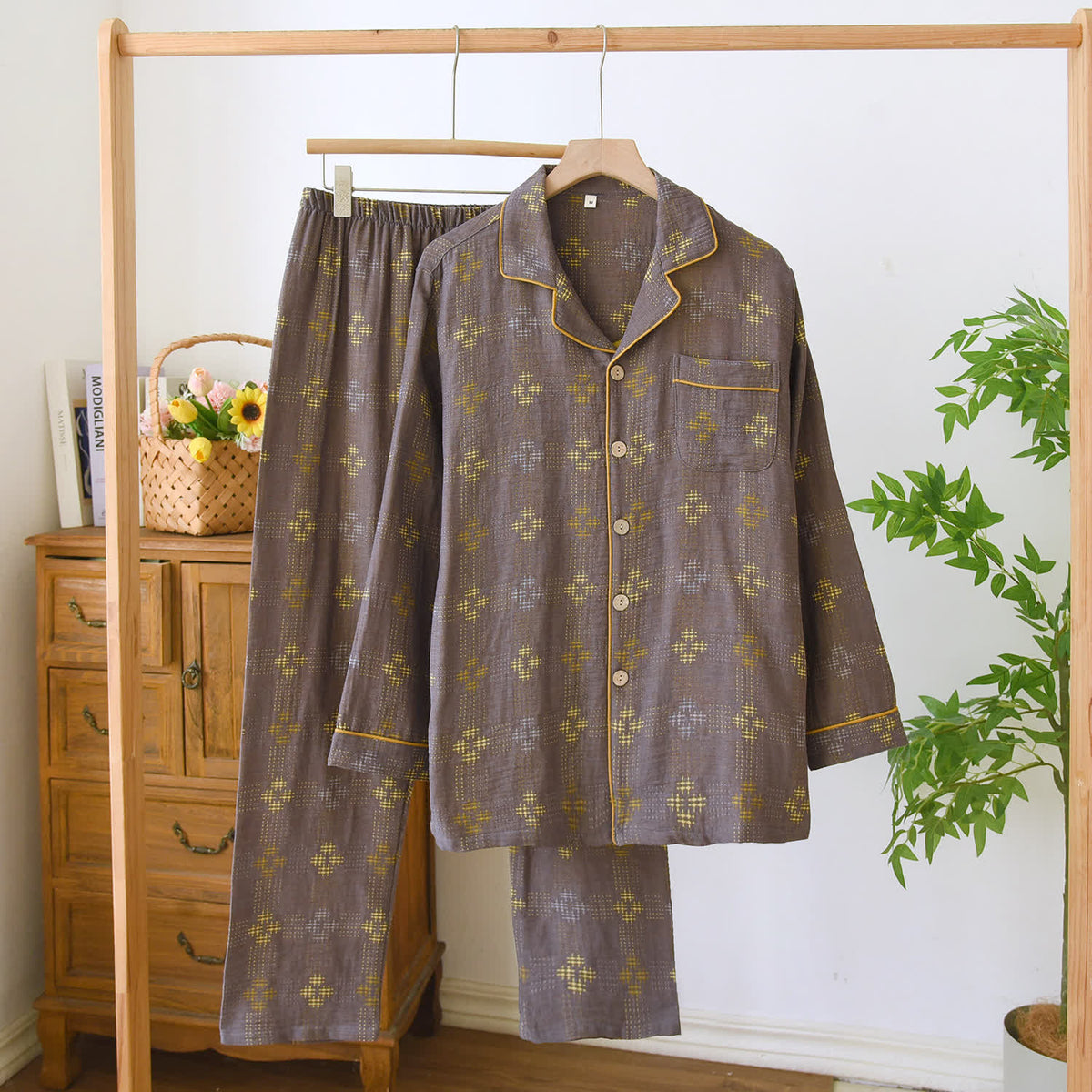 Heritage Baumwollgaze karierter Pyjama-Set - Braun - XL - image 11