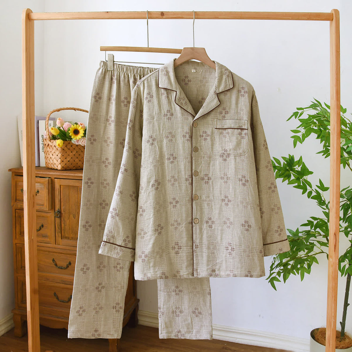 Heritage Baumwollgaze karierter Pyjama-Set - Khaki - XL - image 1