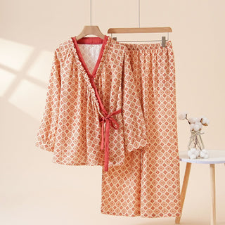 Loungewear-Set aus Baumwolle mit geometrischem Rüschenbesatz - Beige - XL - image 0