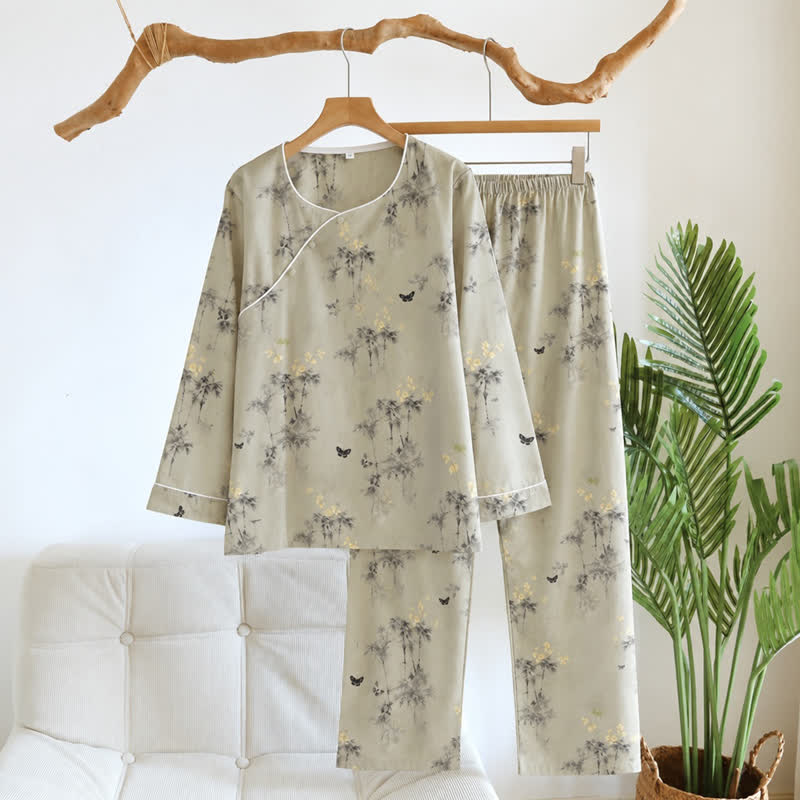 Orientalisches Bambus-Schmetterlings-Baumwoll-Loungewear-Set - Leichter Kaffee - XL - image 0
