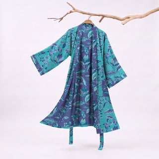 Kimono-Bademantel aus blauer und violetter Blattbaumwolle - Blau - XL - image 0
