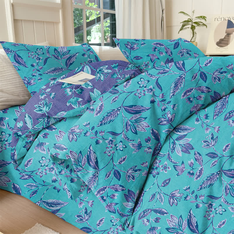Bettwäsche-Set aus Baumwolle mit blauem und violettem Blattmuster - Blau - Bettwäsche-Set (4-teilig) - König - image 0