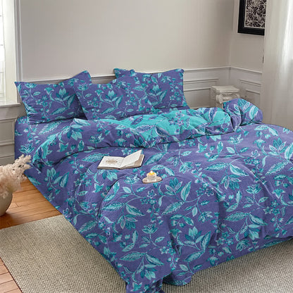 Bettwäsche-Set aus Baumwolle mit blauem und violettem Blattmuster - image 12