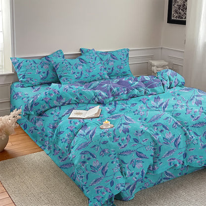 Bettwäsche-Set aus Baumwolle mit blauem und violettem Blattmuster - image 3
